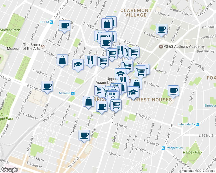 map of restaurants, bars, coffee shops, grocery stores, and more near 454 East 165th Street in Bronx