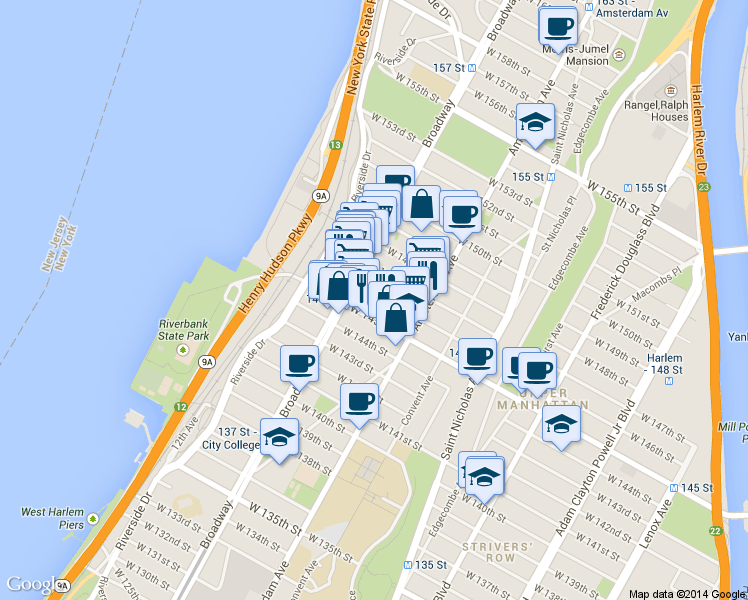 map of restaurants, bars, coffee shops, grocery stores, and more near 533 West 147th Street in New York