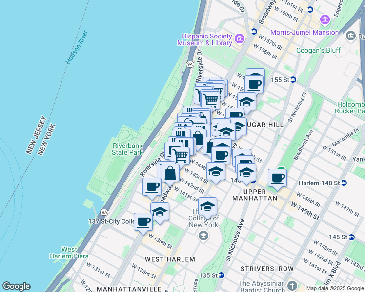 map of restaurants, bars, coffee shops, grocery stores, and more near 625 West 145th Street in New York