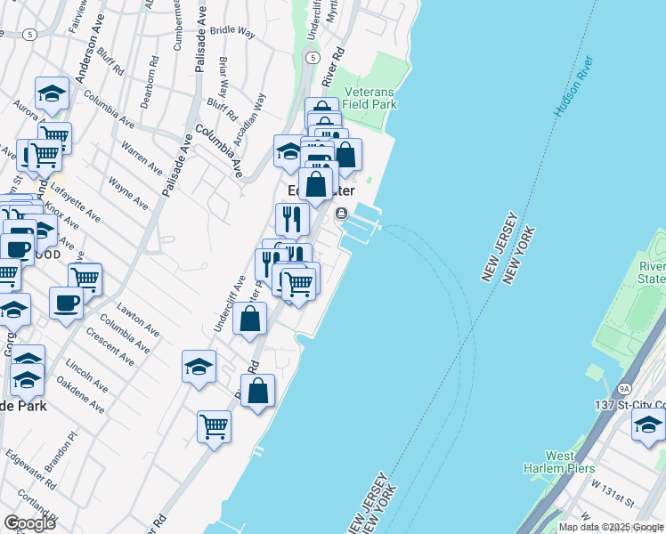 map of restaurants, bars, coffee shops, grocery stores, and more near 945 River Road in Edgewater