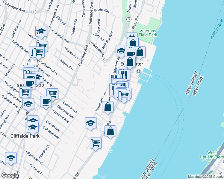 map of restaurants, bars, coffee shops, grocery stores, and more near in Edgewater