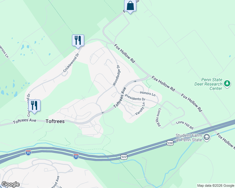 map of restaurants, bars, coffee shops, grocery stores, and more near 1771 Woodledge Drive in State College