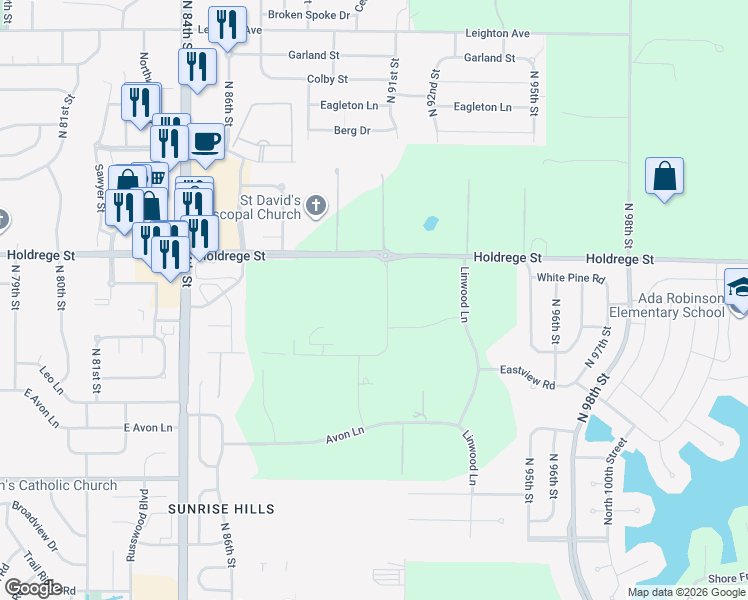 map of restaurants, bars, coffee shops, grocery stores, and more near 8801 Holdrege Street in Lincoln