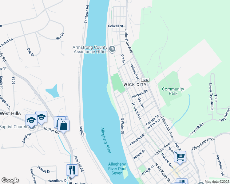 map of restaurants, bars, coffee shops, grocery stores, and more near 1118 North Water Street in Kittanning