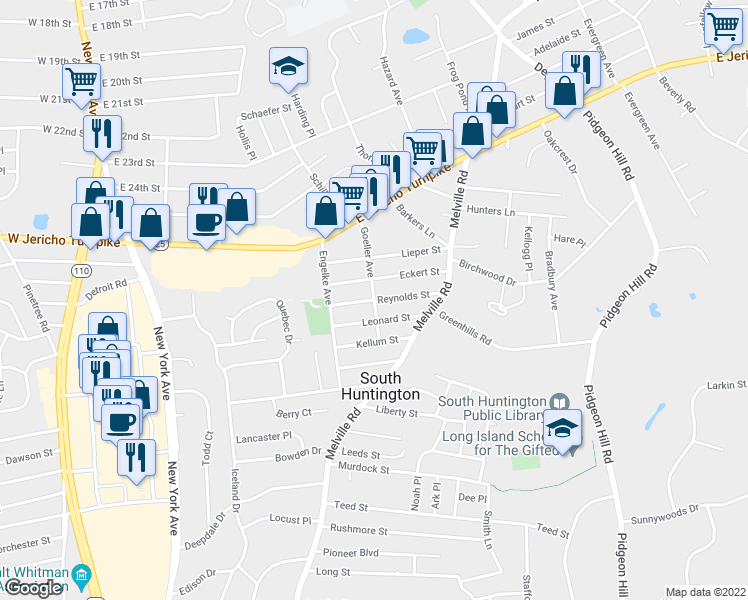 map of restaurants, bars, coffee shops, grocery stores, and more near Reynolds Street in Huntington Station