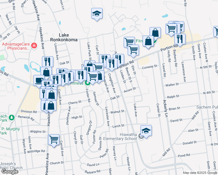 map of restaurants, bars, coffee shops, grocery stores, and more near 21 Duncan Avenue in Lake Ronkonkoma