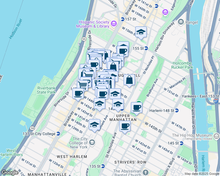 map of restaurants, bars, coffee shops, grocery stores, and more near Amsterdam Ave & W 147th St in New York