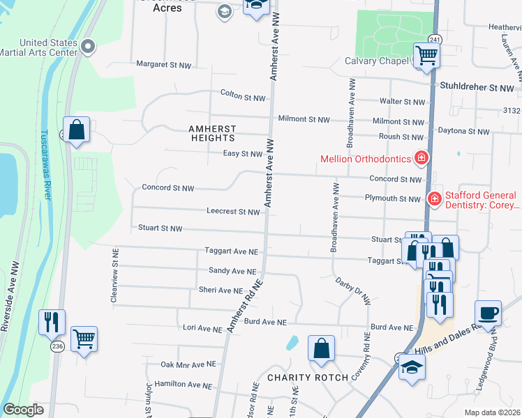 map of restaurants, bars, coffee shops, grocery stores, and more near 2405 Amherst Ave NW in Massillon