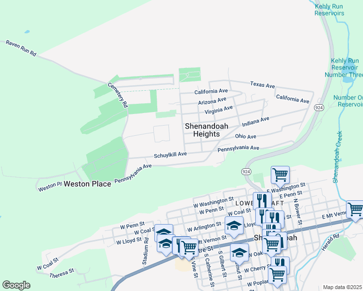 map of restaurants, bars, coffee shops, grocery stores, and more near 66 Swatara Road in Shenandoah