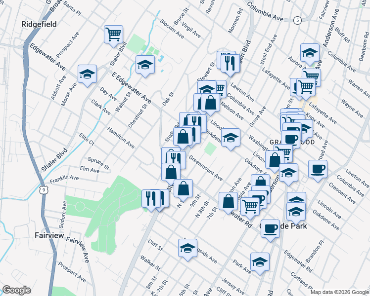 map of restaurants, bars, coffee shops, grocery stores, and more near 553 Bergen Boulevard in Ridgefield