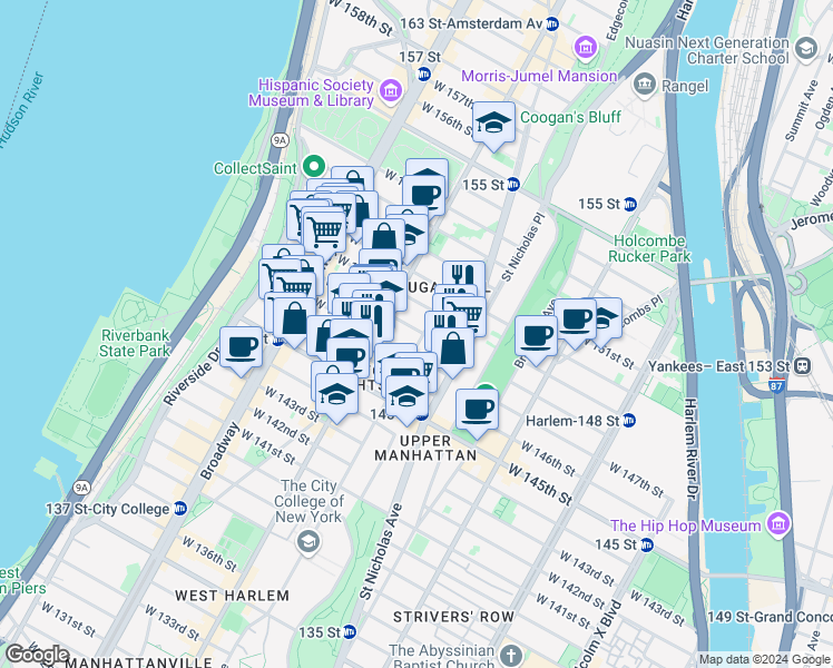 map of restaurants, bars, coffee shops, grocery stores, and more near 418 Convent Avenue in New York