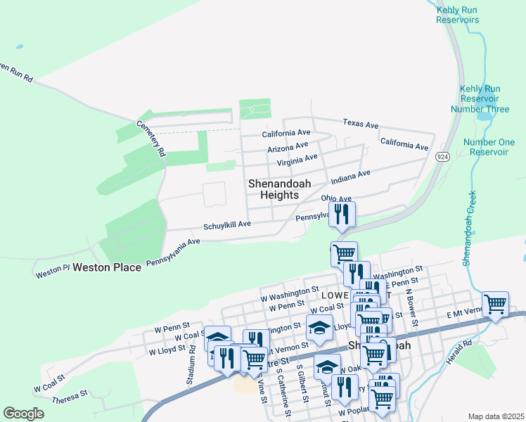 map of restaurants, bars, coffee shops, grocery stores, and more near 196 Ohio Avenue in Shenandoah