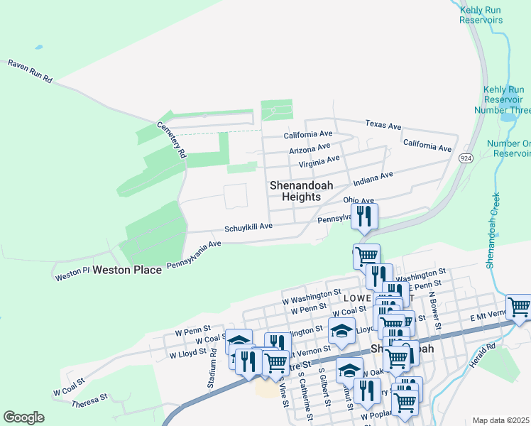 map of restaurants, bars, coffee shops, grocery stores, and more near 66 Swatara Road in Shenandoah