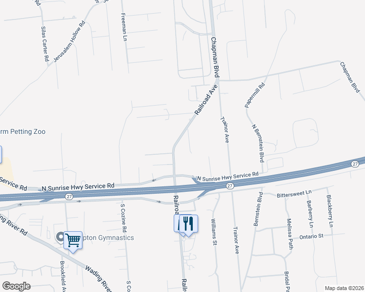 map of restaurants, bars, coffee shops, grocery stores, and more near 418 Railroad Avenue in Manorville