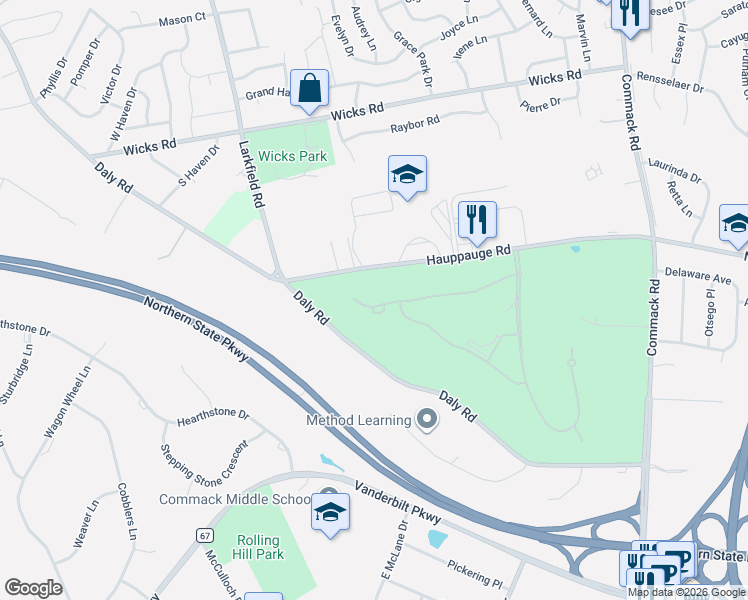 map of restaurants, bars, coffee shops, grocery stores, and more near 135 Hiland Court in Commack