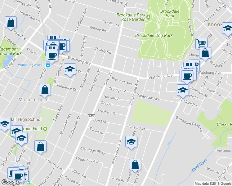 map of restaurants, bars, coffee shops, grocery stores, and more near 11 Clairidge Court in Montclair