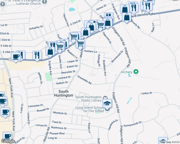 map of restaurants, bars, coffee shops, grocery stores, and more near 76 Birchwood Drive in South Huntington