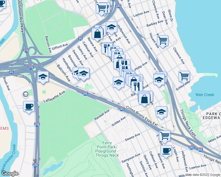 map of restaurants, bars, coffee shops, grocery stores, and more near 801 Calhoun Avenue in Bronx