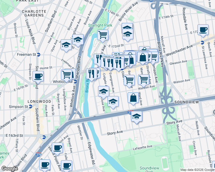 map of restaurants, bars, coffee shops, grocery stores, and more near 1145 Evergreen Avenue in The Bronx