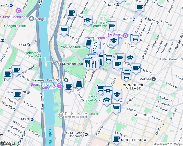 map of restaurants, bars, coffee shops, grocery stores, and more near 850 River Avenue in The Bronx