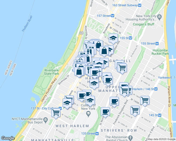 map of restaurants, bars, coffee shops, grocery stores, and more near in New York