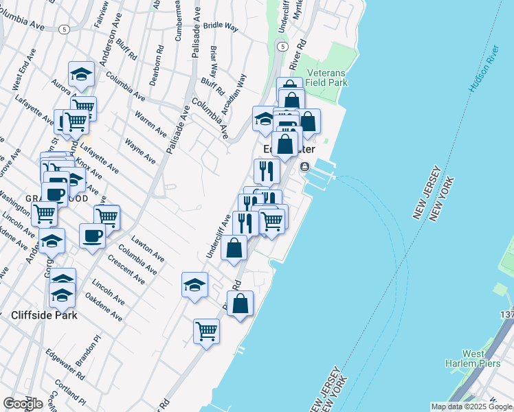 map of restaurants, bars, coffee shops, grocery stores, and more near 10 Dempsey Avenue in Edgewater
