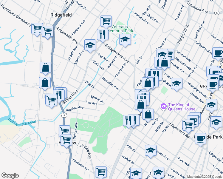 map of restaurants, bars, coffee shops, grocery stores, and more near 401 Chestnut Street in Ridgefield