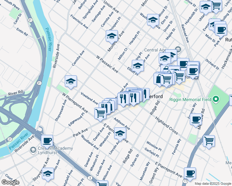 map of restaurants, bars, coffee shops, grocery stores, and more near 79 Donaldson Avenue in Rutherford