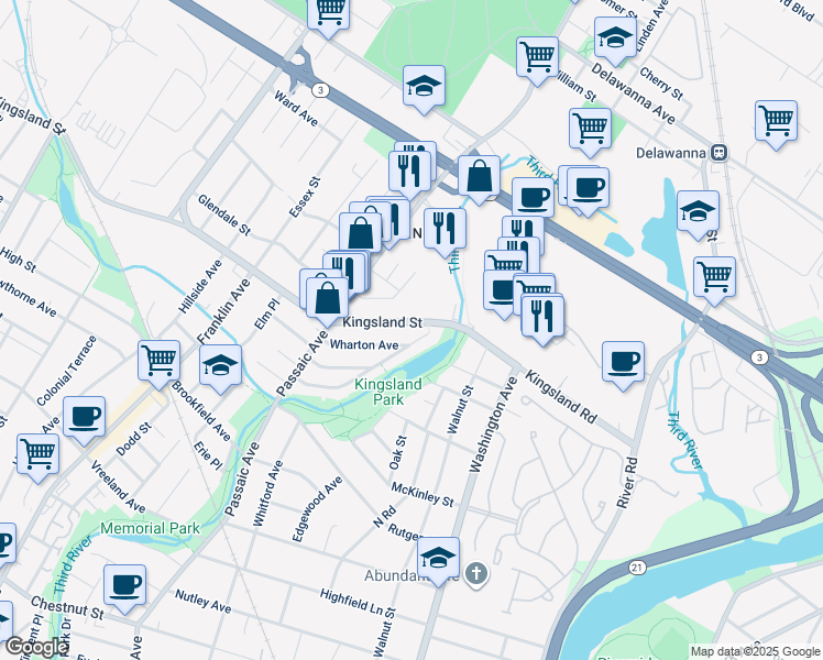 map of restaurants, bars, coffee shops, grocery stores, and more near 35 Kingsland Street in Nutley