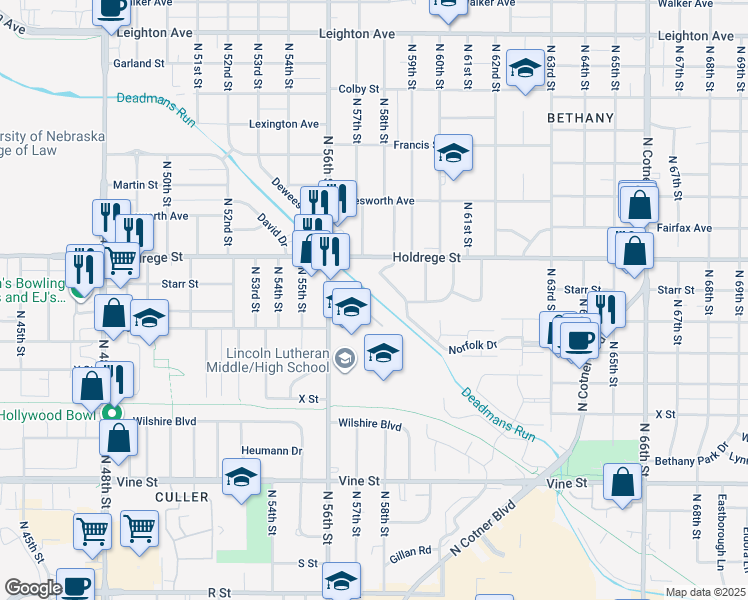 map of restaurants, bars, coffee shops, grocery stores, and more near 5801 Tangeman Terrace in Lincoln