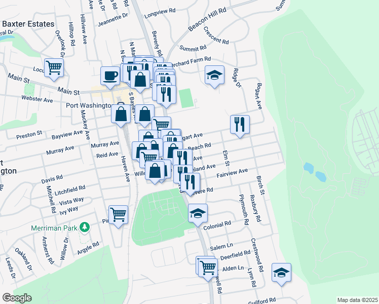 map of restaurants, bars, coffee shops, grocery stores, and more near 12 Bar Beach Road in Port Washington
