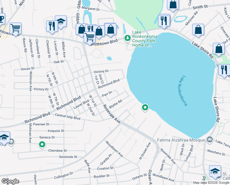 map of restaurants, bars, coffee shops, grocery stores, and more near 23 Parr Drive in Ronkonkoma