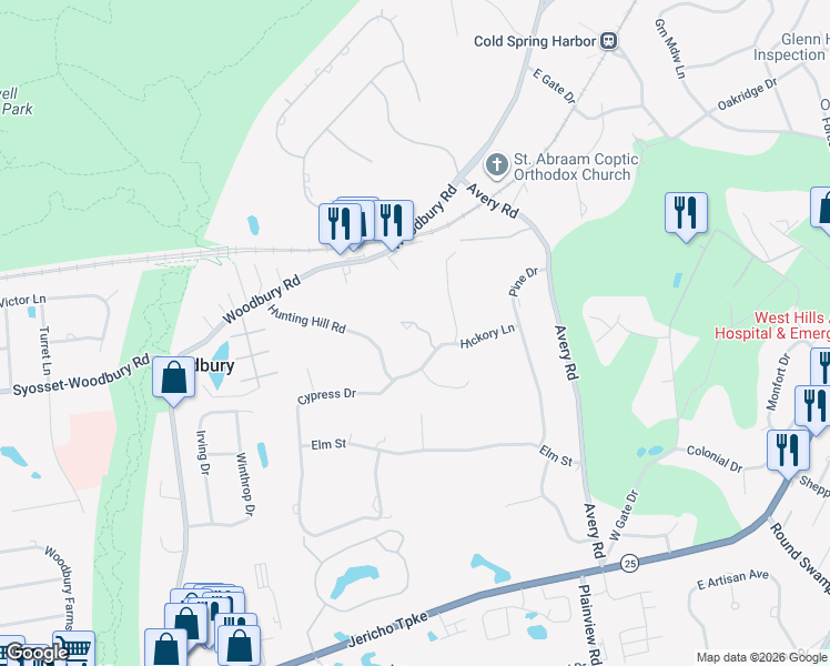 map of restaurants, bars, coffee shops, grocery stores, and more near 82 Cypress Drive in Woodbury