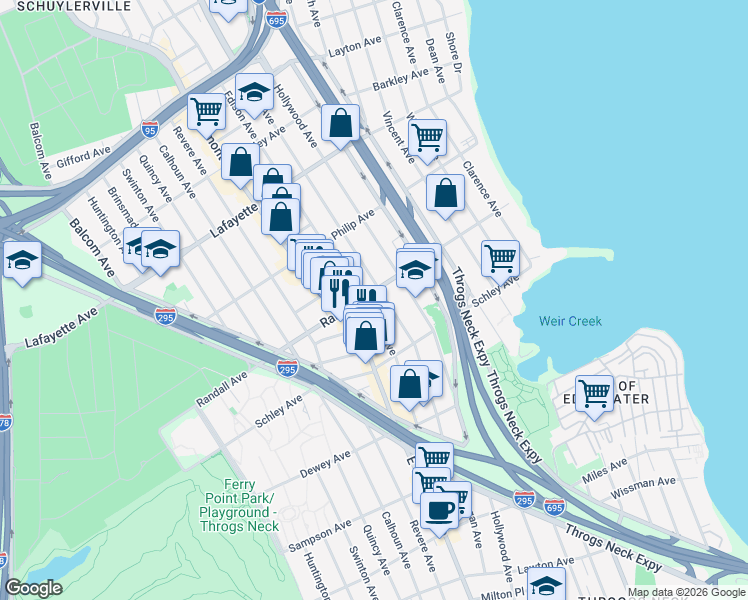 map of restaurants, bars, coffee shops, grocery stores, and more near 3006 Randall Avenue in The Bronx