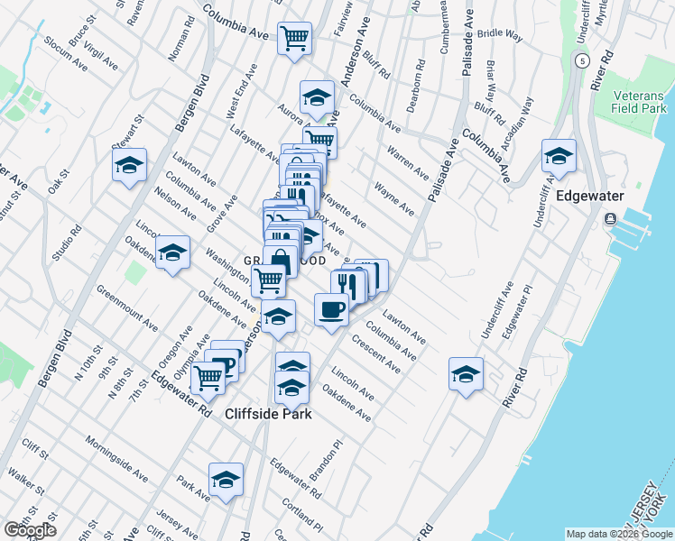map of restaurants, bars, coffee shops, grocery stores, and more near 256 Grant Avenue in Cliffside Park