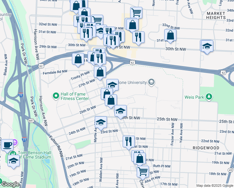 map of restaurants, bars, coffee shops, grocery stores, and more near 2600 Cleveland Avenue Northwest in Canton