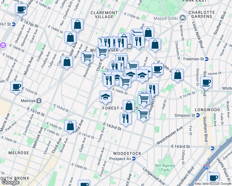 map of restaurants, bars, coffee shops, grocery stores, and more near 1097 Jackson Avenue in Bronx