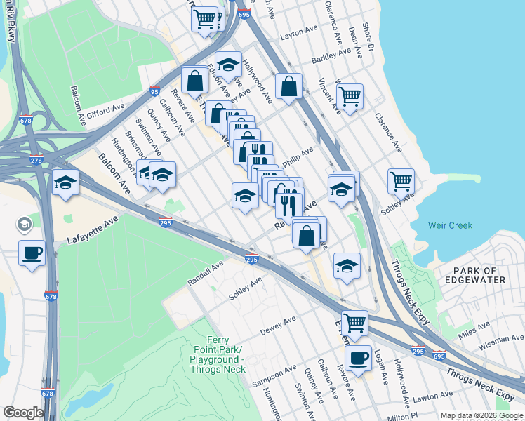 map of restaurants, bars, coffee shops, grocery stores, and more near 740 Revere Avenue in Bronx