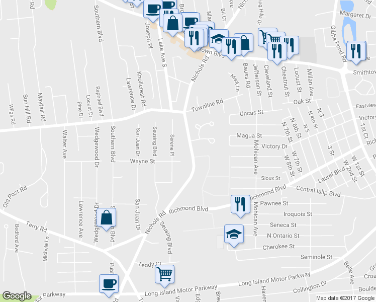map of restaurants, bars, coffee shops, grocery stores, and more near 472 Nichols Road in Hauppauge
