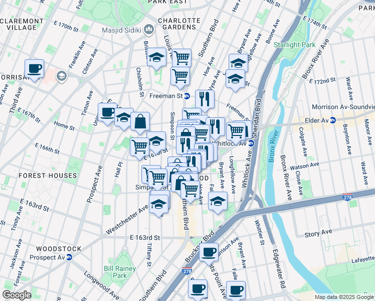 map of restaurants, bars, coffee shops, grocery stores, and more near 1122 Southern Boulevard in Bronx