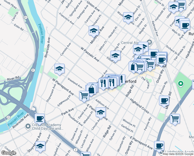 map of restaurants, bars, coffee shops, grocery stores, and more near 79 Donaldson Avenue in Rutherford