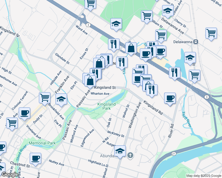 map of restaurants, bars, coffee shops, grocery stores, and more near 35 Kingsland Street in Nutley
