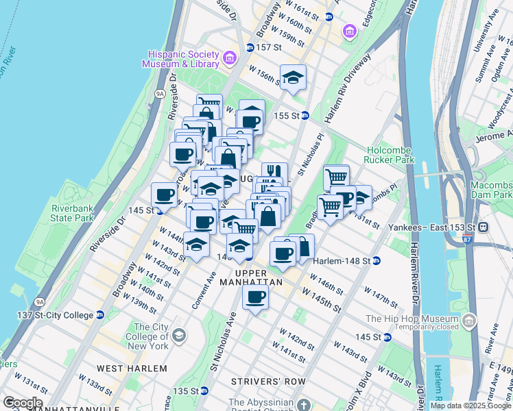 map of restaurants, bars, coffee shops, grocery stores, and more near 416 West 149th Street in New York