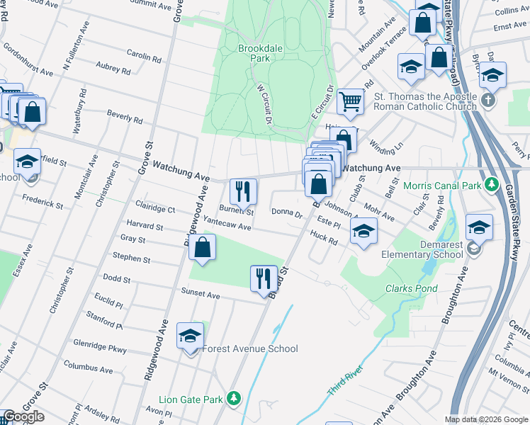 map of restaurants, bars, coffee shops, grocery stores, and more near 32 Hawthorne Avenue in Bloomfield