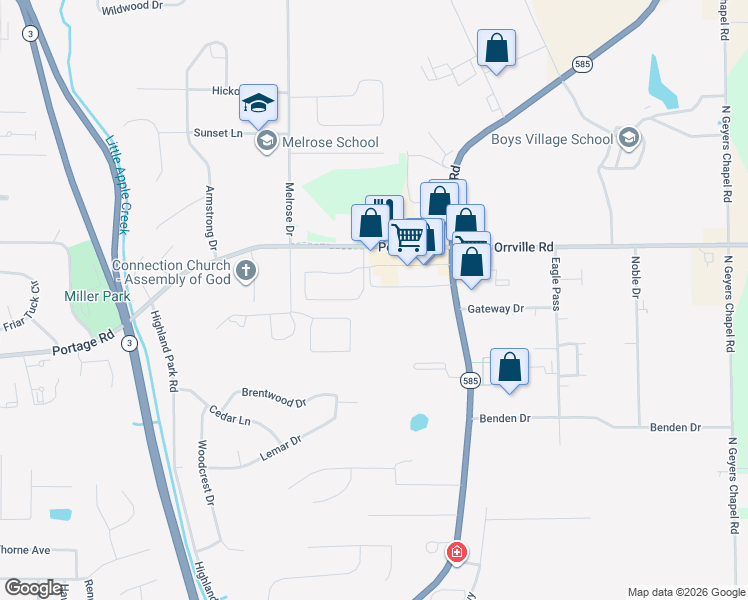 map of restaurants, bars, coffee shops, grocery stores, and more near 1905 Portage Road in Wooster