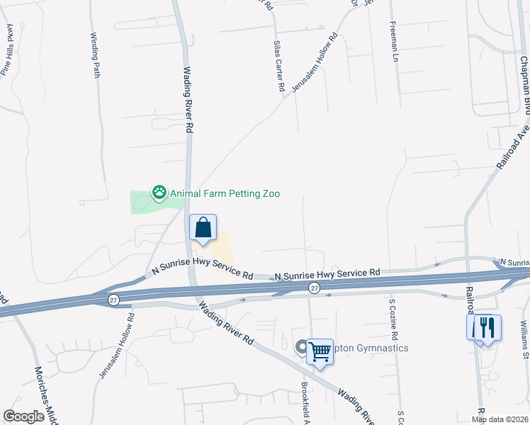 map of restaurants, bars, coffee shops, grocery stores, and more near 18 Old School House Road in Manorville