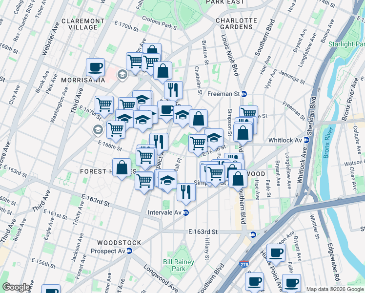 map of restaurants, bars, coffee shops, grocery stores, and more near 1180 Rev James A Polite Avenue in The Bronx