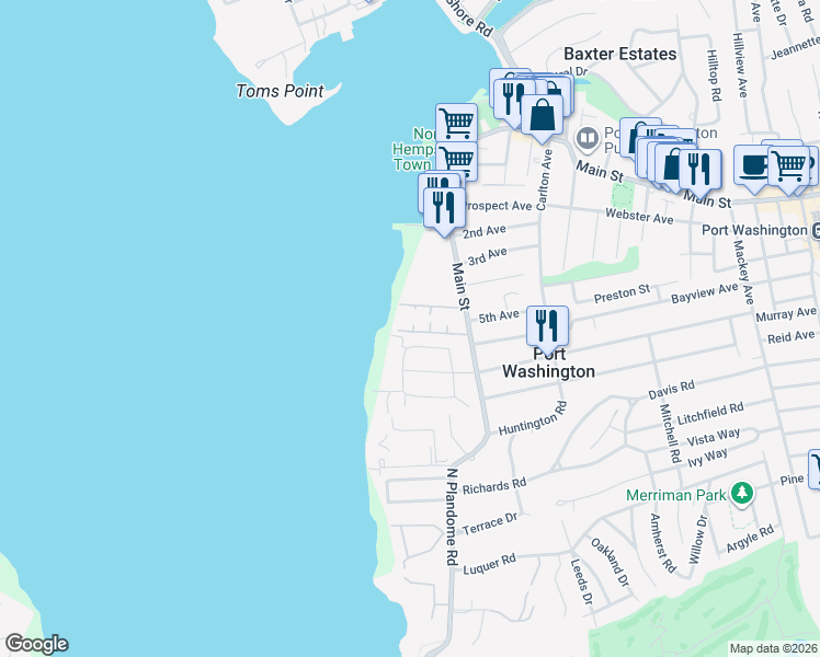 map of restaurants, bars, coffee shops, grocery stores, and more near 4 Dolphin Green in Port Washington