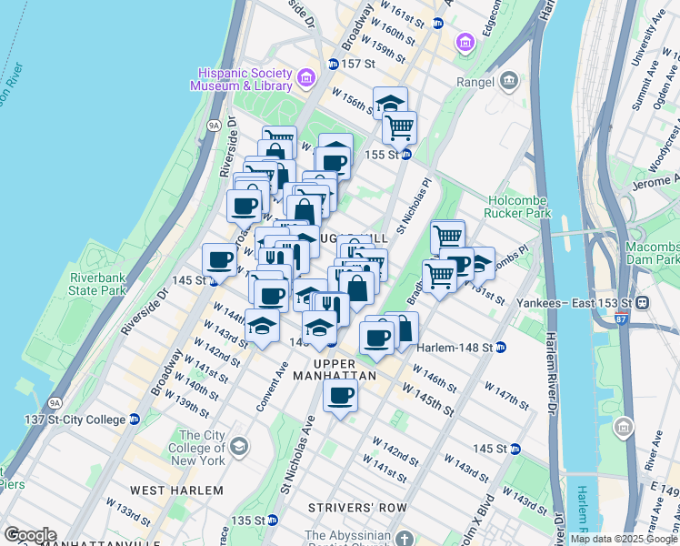 map of restaurants, bars, coffee shops, grocery stores, and more near 416 West 149th Street in New York