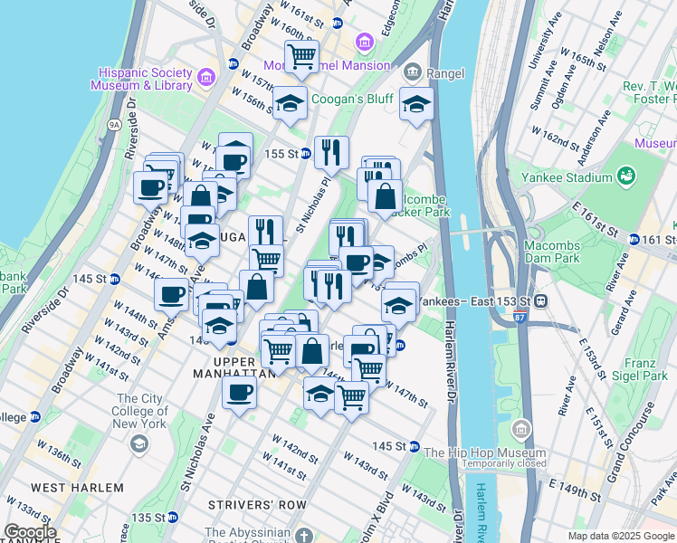 map of restaurants, bars, coffee shops, grocery stores, and more near 304 West 151st Street in New York